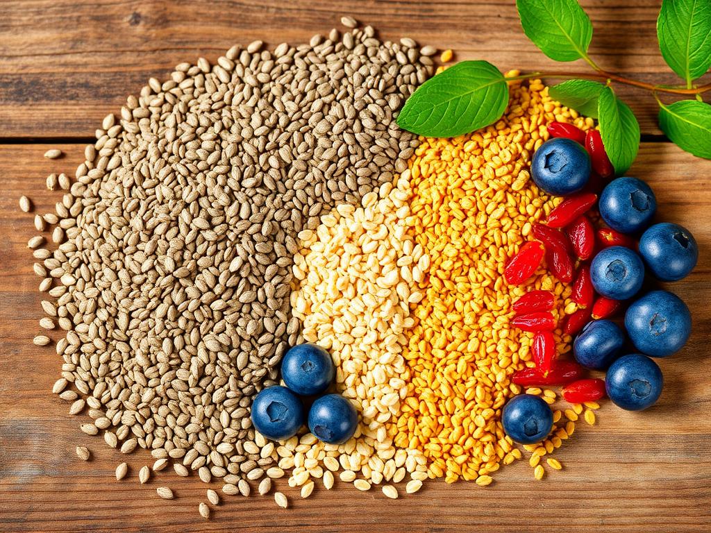 Chia-Samen, Leinsamen, Quinoa, Hirse, Goji-Beeren, Heidelbeeren Chia-Samen, Leinsamen, Quinoa, Hirse, Goji-Beeren, Heidelbeeren